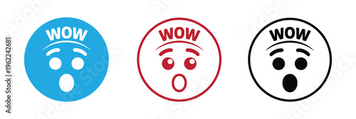 Wow emoticon icon set in blue red and black on white background Vector illustration