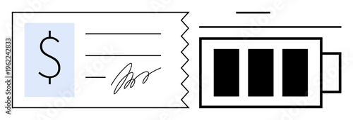 Finance, energy management, transactions, payments, resource allocation, sustainability. A check and battery icon side by side. Finance and energy management illustrated visually