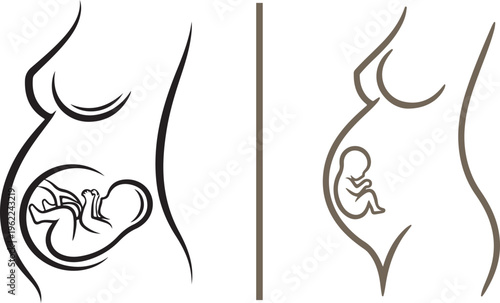 Minimalist line art illustration of a pregnant woman's profile, showing a fetus developing in the womb. Includes a bold black outline version and a refined brown contour version.