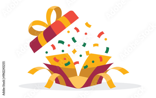A colorful vector graphic of a gift box exploding with confetti and a ribbon