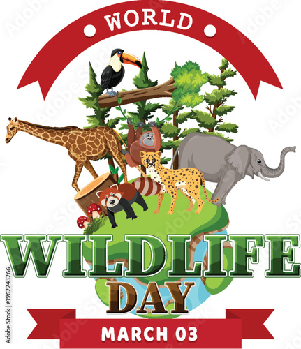 Cute forest and safari animals around green earth globe vector