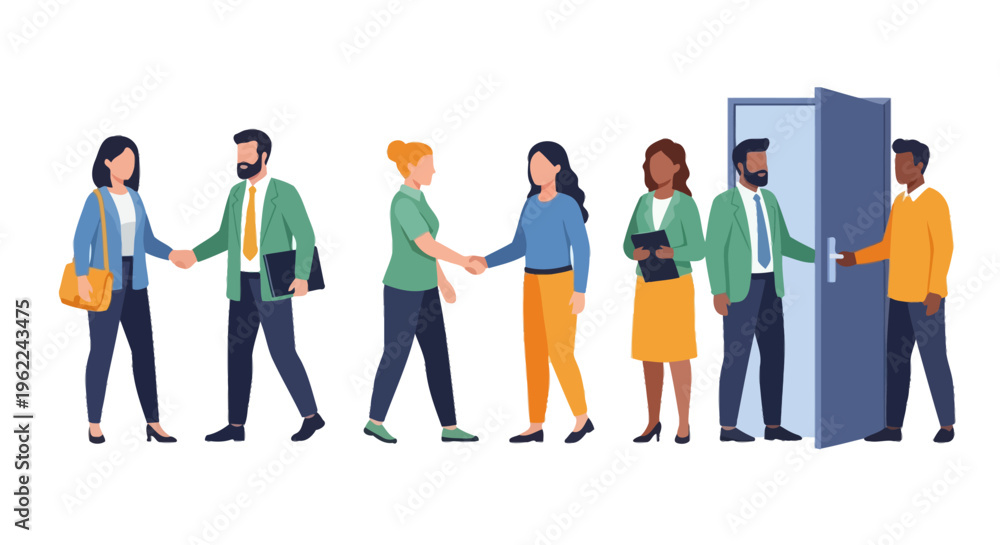 Obraz premium Diverse Business Professionals: Handshakes, Team Collaboration, and Onboarding New Opportunities. Global Partnership & Welcome Concept Illustration.