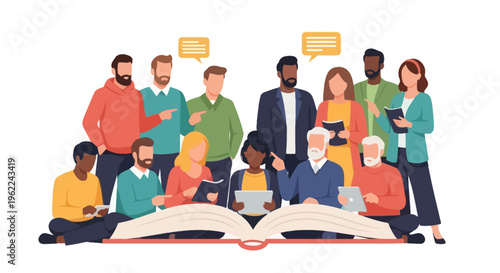 Diverse Group Engaged in Collaborative Learning and Discussion Around Books