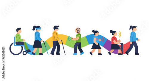 Diverse Abilities Community: Vector Illustration of People with Disabilities Walking Together, Symbolizing Inclusion, Accessibility, and Support for All