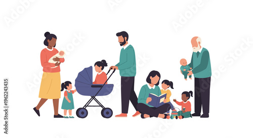 Multi-Generational Diverse Family Illustration with Different Ages and Activities