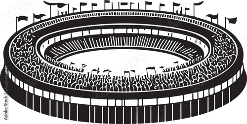 A high angle black and white illustration of a crowded circular sports stadium with flying flags