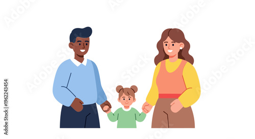 Happy Diverse Family Holding Hands Illustration - Parents and Child Together, Unity & Love