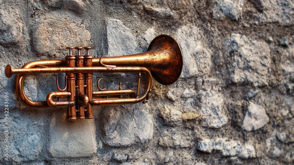 Fototapeta premium herald. Medieval herald trumpet resting on ancient castle stone wall with dramatic lighting. real-estate listings.