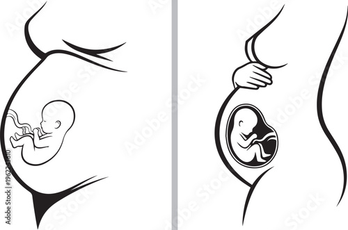 Minimalist black line art showing a pregnant woman's profile with a visible fetus inside the womb. Two variations illustrate the prenatal stage and the beauty of human development.
