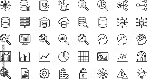 Set of Data Analytics and Database Icons Featuring Data Management, Security, Cloud, Analysis, Statistics, and Information Processing