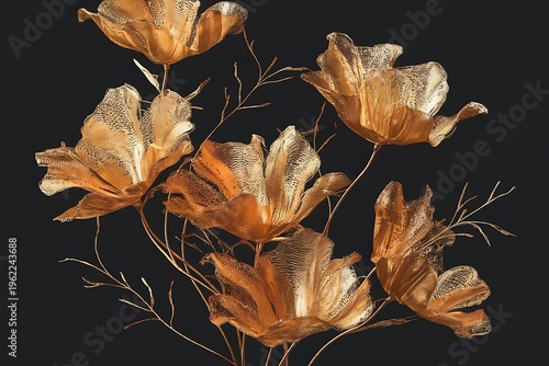 Abstract luxury golden flowers on dark background for elegant wallpaper
