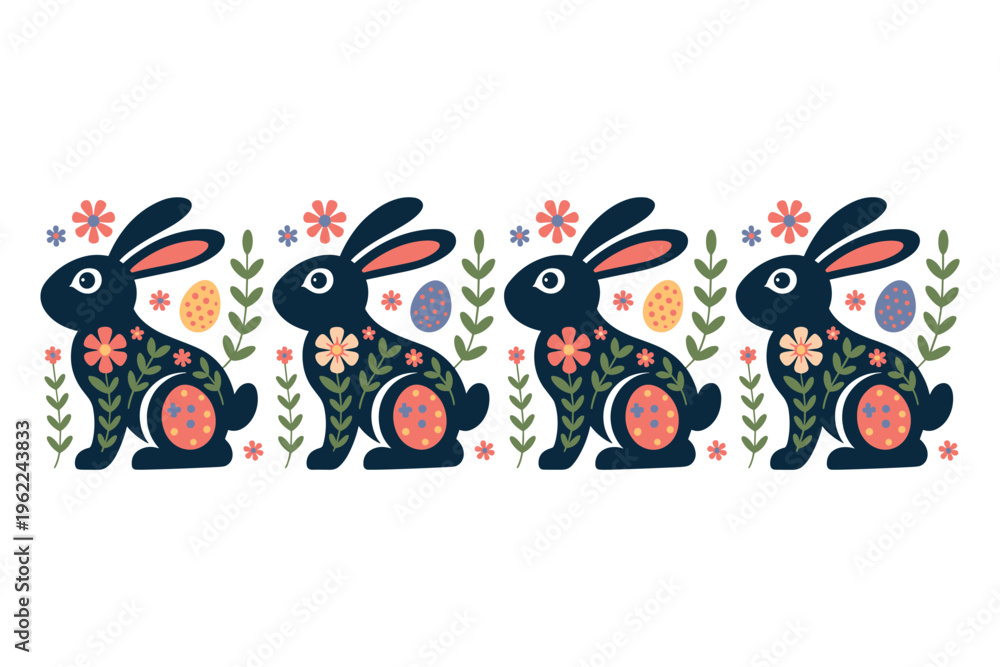 Naklejka premium Folk Art Rabbits with Floral Motifs and Easter Eggs Border Flat Design Whimsical Celebration