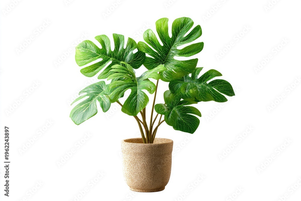 Fototapeta premium Lush green leafy potted plant with split leaves on white