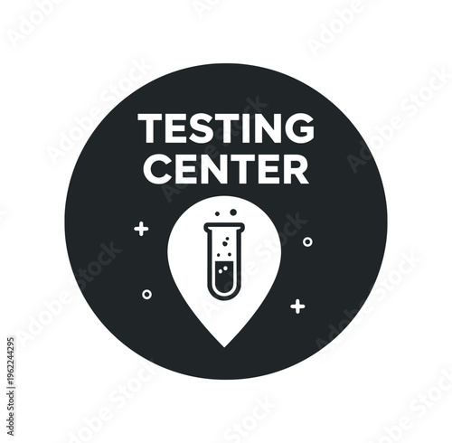 Testing center map pin with test tube inside black circle for clinic locator and signage flat vector icon