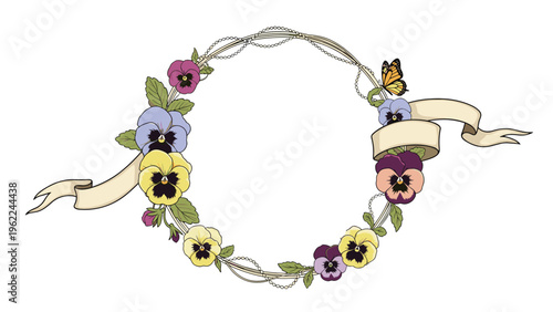 Floral circular frame made of vibrant pansies in purple yellow and blue colors with vintage-style ribbon banners and a butterfly.