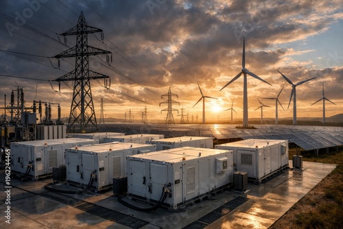 Renewable energy site with battery storage, solar panels, wind turbines and high-voltage power lines at sunset