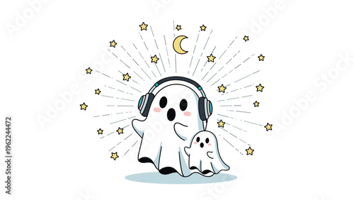 Whimsical illustration of two cute white ghosts under a crescent moon and stars with one larger ghost wearing colorful headphones.