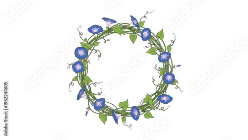 Beautiful wreath made of morning glory flowers in blue and purple hues with green leaves and twining vines for garden-themed decor.