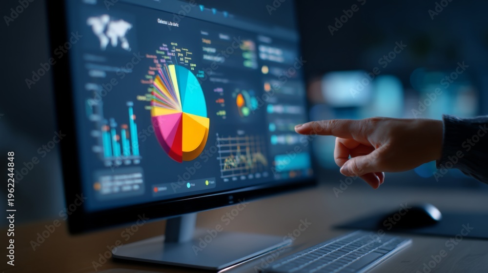 Fototapeta premium Close-Up of a Person Analyzing Colorful Data Visualizations and Graphs on a Modern Computer Screen in a Dark Office Environment