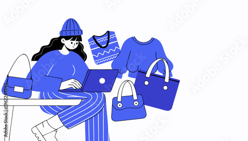 Woman Working On Laptop At Desk Surrounded By Shopping Items