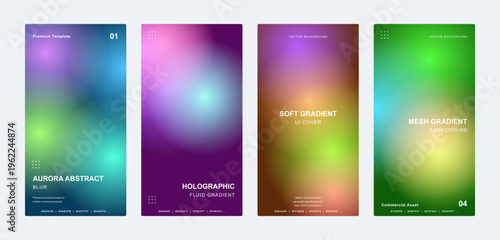 Holographic soft gradient background set, aurora abstract blur mesh textures for social media stories, 4 colorful vertical vector templates with vibrant neon glow and fluid transitions