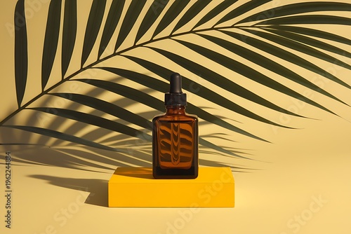 Amber glass dropper bottle for essential oil on yellow podium with palm leaf shadow background
