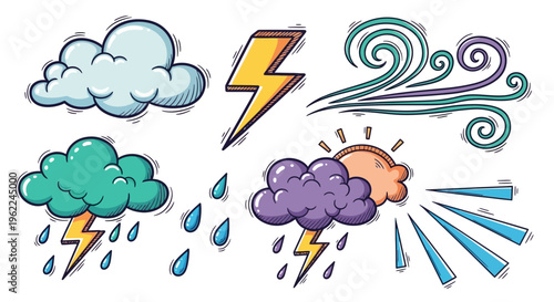 Collection of Hand-Drawn Weather Icons and Symbols.