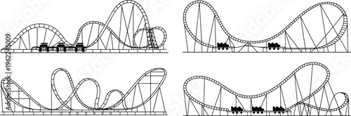 Four black and white roller coaster with trains on tracks in different configurations amusement park