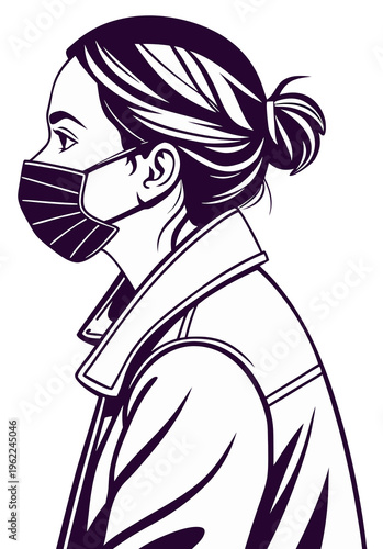 A black and white drawing of a young woman wearing a face mask.
