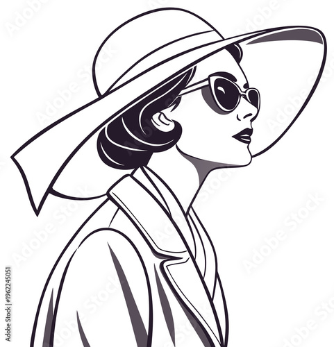 A line drawing of a woman wearing sunglasses.