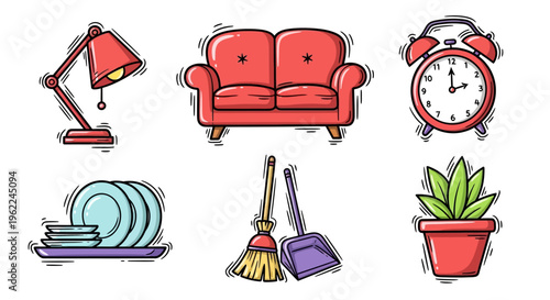 Collection of household items including a lamp, sofa, alarm clock, dishes, broom, and potted plant.