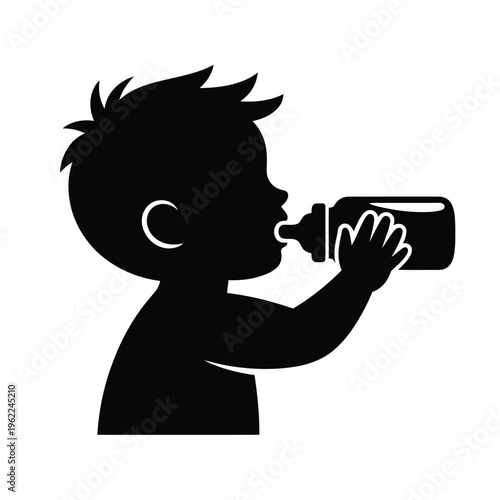 Silhouette of a baby drinking from a bottle side profile view