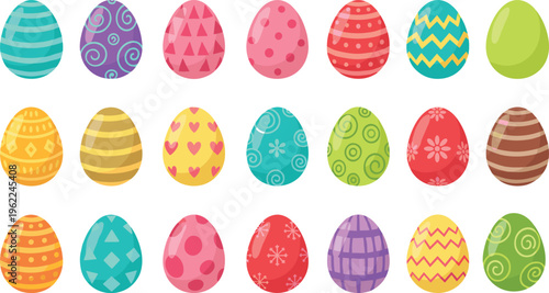 Colorful Easter Egg Vector Collection with Various Patterns Including Polka Dots Stripes Hearts and Floral Designs Isolated on White Background for Spring Holiday Celebration Decor