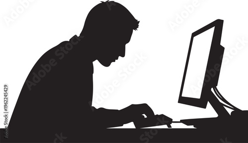 Silhouette of man working on computer, office worker profile, black silhouette, business professional