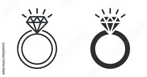 Diamond Engagement Ring Icon Set Simple Line and Solid Fill Styles Symbolizing Love and Commitment
