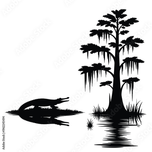 Silhouette of a cypress tree and alligator in a swamp landscape