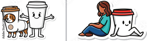 Whimsical vector art featuring a dog in a coffee cup costume with a happy mug friend, alongside a woman relaxing back-to-back with a large, cute coffee cup character.