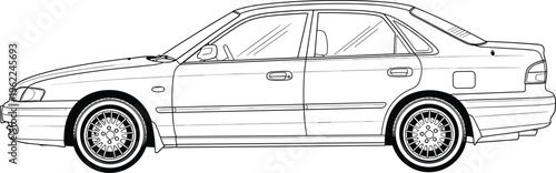 Classic four door sedan car technical line drawing, side view passenger vehicle outline vector illustration, automotive cad sketch for design.