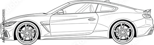 Modern sports coupe car technical line drawing, side view luxury vehicle outline, automotive vector sketch for design, isolated on white.
