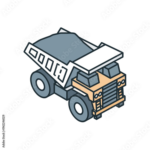 Isometric line art icon of a dump truck, a heavy-duty industrial vehicle for construction and mining. Loaded with bulk materials, it symbolizes efficient earthmoving and transport