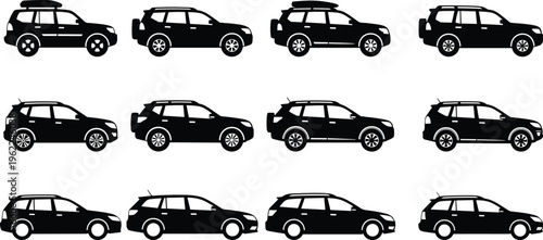 Black car silhouettes set, SUV and crossover vehicle icons collection, off-road 4x4 transport side view, cad drawing flat vector illustration.