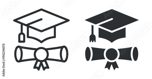Graduation Cap and Diploma Icons: Academic Achievement Symbol in Outline and Solid Fill Styles