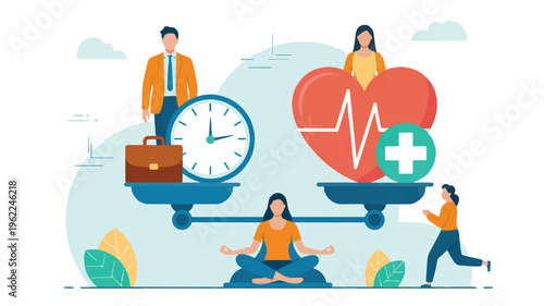 people balancing work and health on a scale with a clock and a heart