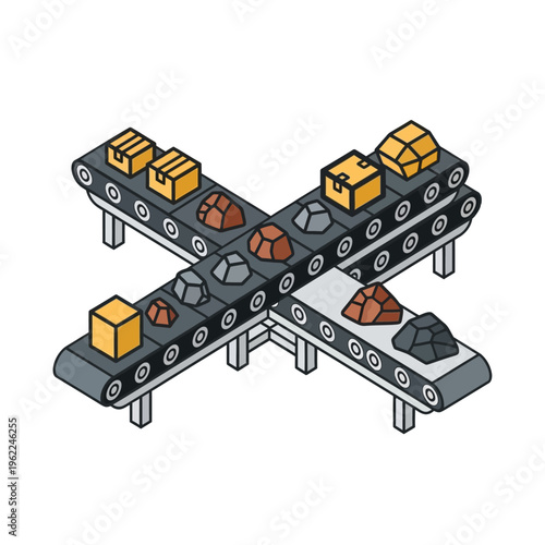 Automated conveyor belt system moving various raw materials and boxed products in an industrial setting
