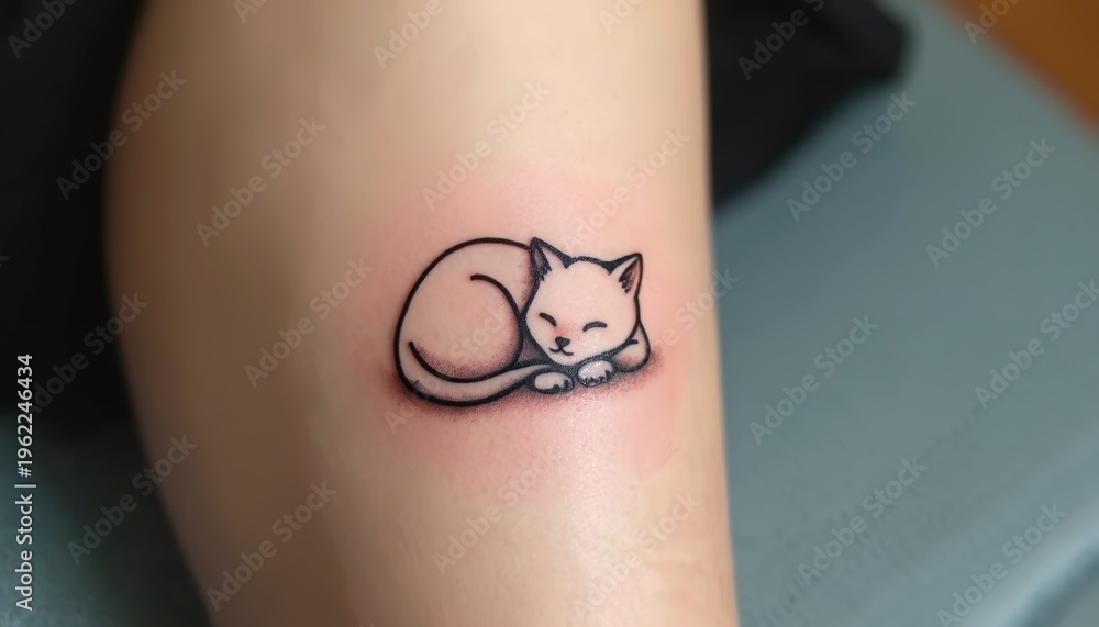 Naklejka premium Minimalist line art tattoo of a small sleeping cat on a person leg. This simple black outline drawing shows a cute, relaxed feline curled up peacefully, embodying calm and serenity.