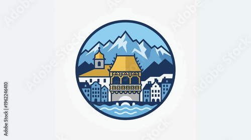 Swiss Townscape with Mountains in a Circle Logo