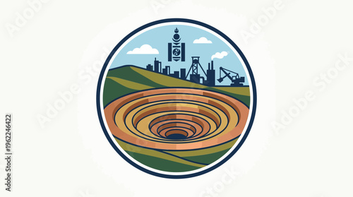 Mining Industry Logo with Open Pit Mine and Silhouettes