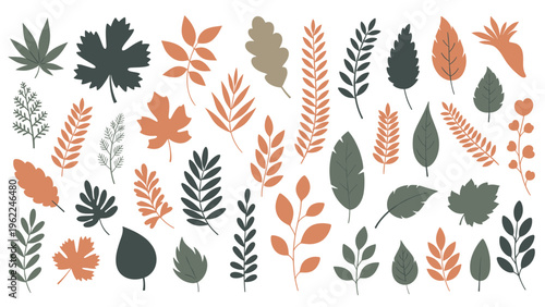 Diverse collection of various leaf shapes and species in shades of green and autumnal orange silhouettes for nature art.
