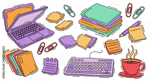 Colorful doodle style illustration of various office and study supplies.