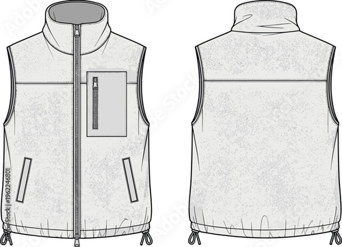 Fashion technical flat vector illustration of fleece vest, front and back views, CAD drawing, for outdoor apparel, winter outerwear, isolated.